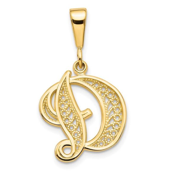 14K Yellow Gold Polished Script Filigree Letter D Initial Pendant